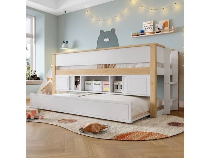 Lit mi-hauteur 90x200 cm avec lit tiroir en pin massif blanc et naturel rangements sécurité enfant