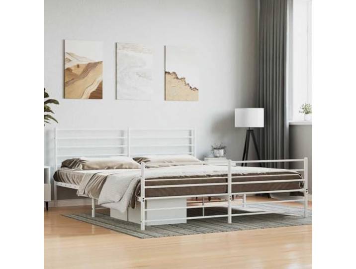 RJPLMFV Bettgestell, Metall, Weiß, 180 x 200 cm Pulverbeschichteter Stahl, inklusive Lattenrosten, Stauraum unter dem Bett, Kopfteil zur Unterstützung des Rückens
