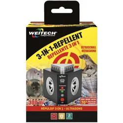Weitech 3in1 Ultraschall Vertreiber - wirkt gegen alle Nagetiere wie z.B. Mäuse, Ratten, Marder