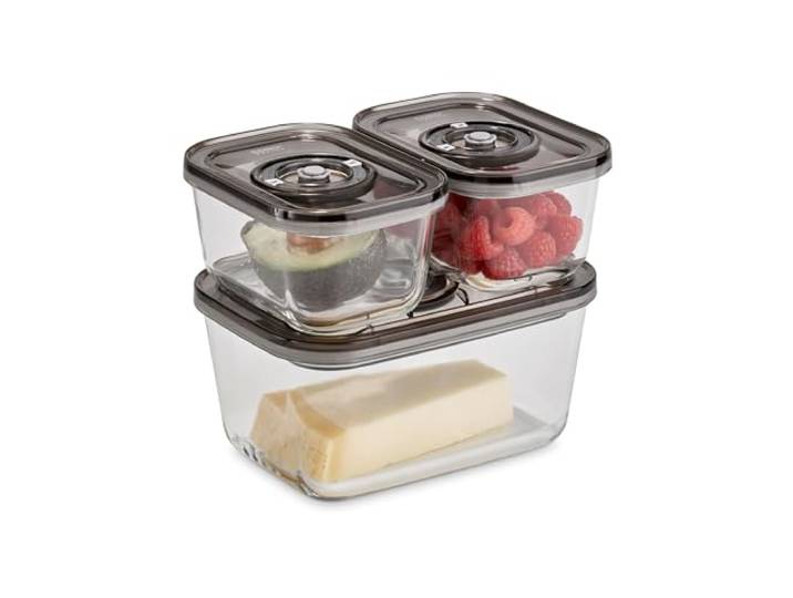 Caso VacuBoxx Eco-Set - 3 Vakuumbehälter aus Borosilikatglas, BPA-Frei, inkl. Vakuumierschlauch & Adapter Vakuumierer/Handpumpe, hitzebeständig, spülmaschinenfest, gefriergeeignet