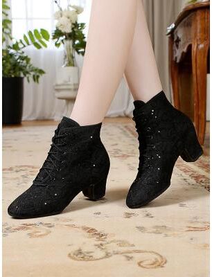 LightInthebox Women's White Lace-Up Performance Dance Boots with Rhinestone Accents - Vintage-Style Stage Shoes for Ballroom Shows, Costume Performances, and Theatrical Events