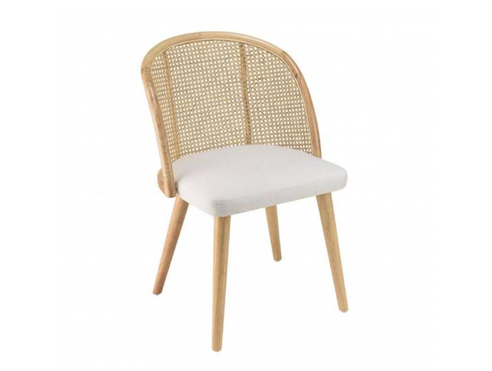MACABANE AGATHE - Chaise bois d'Hévéa dossier arrondi rotin assise tissu blanc