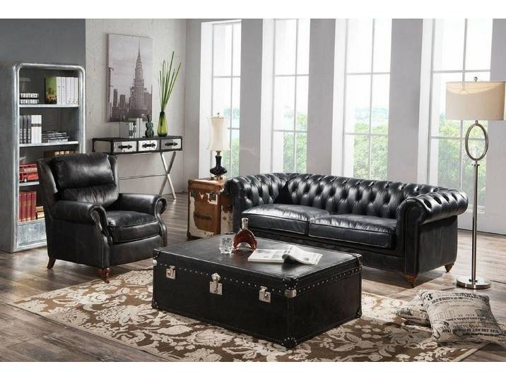 Xlmoebel Chesterfield-Sofa Schwarzes Chesterfield-Sofa mit Sessel in Vintage-Leder, 3-Sitzer + Sessel, Hergestellt in Europa
