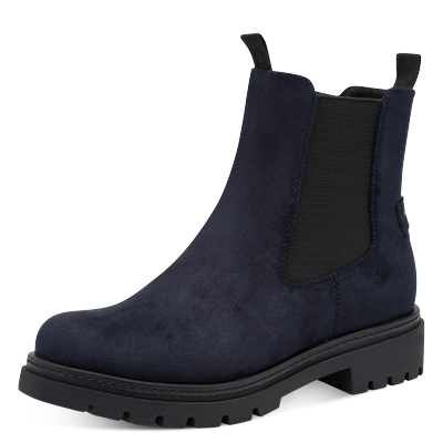 Chelseaboots MARCO TOZZI, Damen, Gr. 41, Textil, grau (dunkelblau), Schuhe Chelseaboots, Blockabsatz, Stiefelette mit Stretcheinsatz an der Außenseite