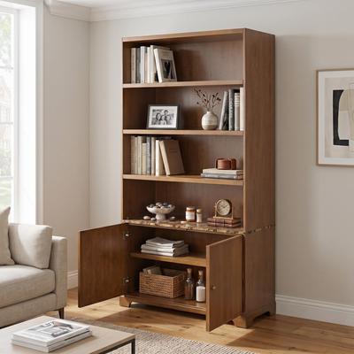 "91.1"" Modern Tall Bookcase Storage Cabinet with Faux Marble Print Tabletop, 3 Open Display Shelves & Fluted Double Doors"
