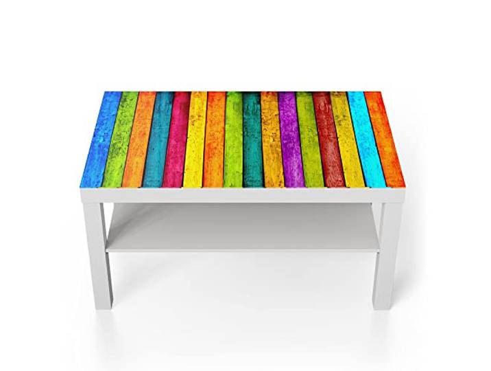 DEQORI Glastisch weiß groß 90x50 cm Motiv Farbige Bretterwand ausgefallener Beistelltisch aus Glas Hochglanz Couchtisch fürs Wohnzimmer moderner Couch Tisch mit Design