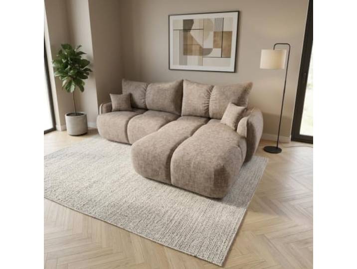 Mebligo LOBINO L-förmiges Ecksofa aus Chenille mit Schlaffunktion, Bettkasten und DL-Automat, modernes Schlafsofa fürs Wohnzimmer, Hellbraun, Rechts