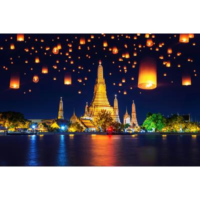 Fototapete PAPERMOON "WAT ARUN-TEMPEL DER MORGENRÖTE BANGKOK THAILAND LATERNE", bunt, B:3,5m L:2,6m, Vlies, Tapeten