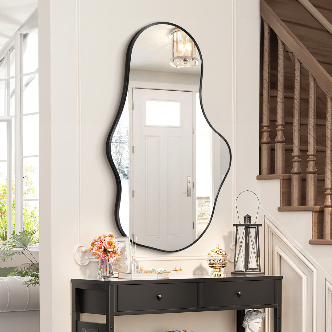 Metro Irregular Wall Mirror, Asymmetrical Bathroom Vanity Mirror with Metal Frame, Modern Decorative Mirror Black 91 cm H x 55 cm W