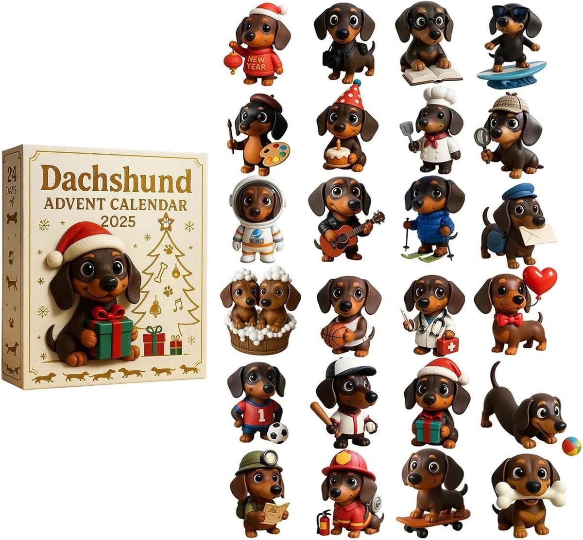 Kerst adventskalender 2026 met 24 beige teckel figuren en 2D hangornamenten voor kerstboom decoratie