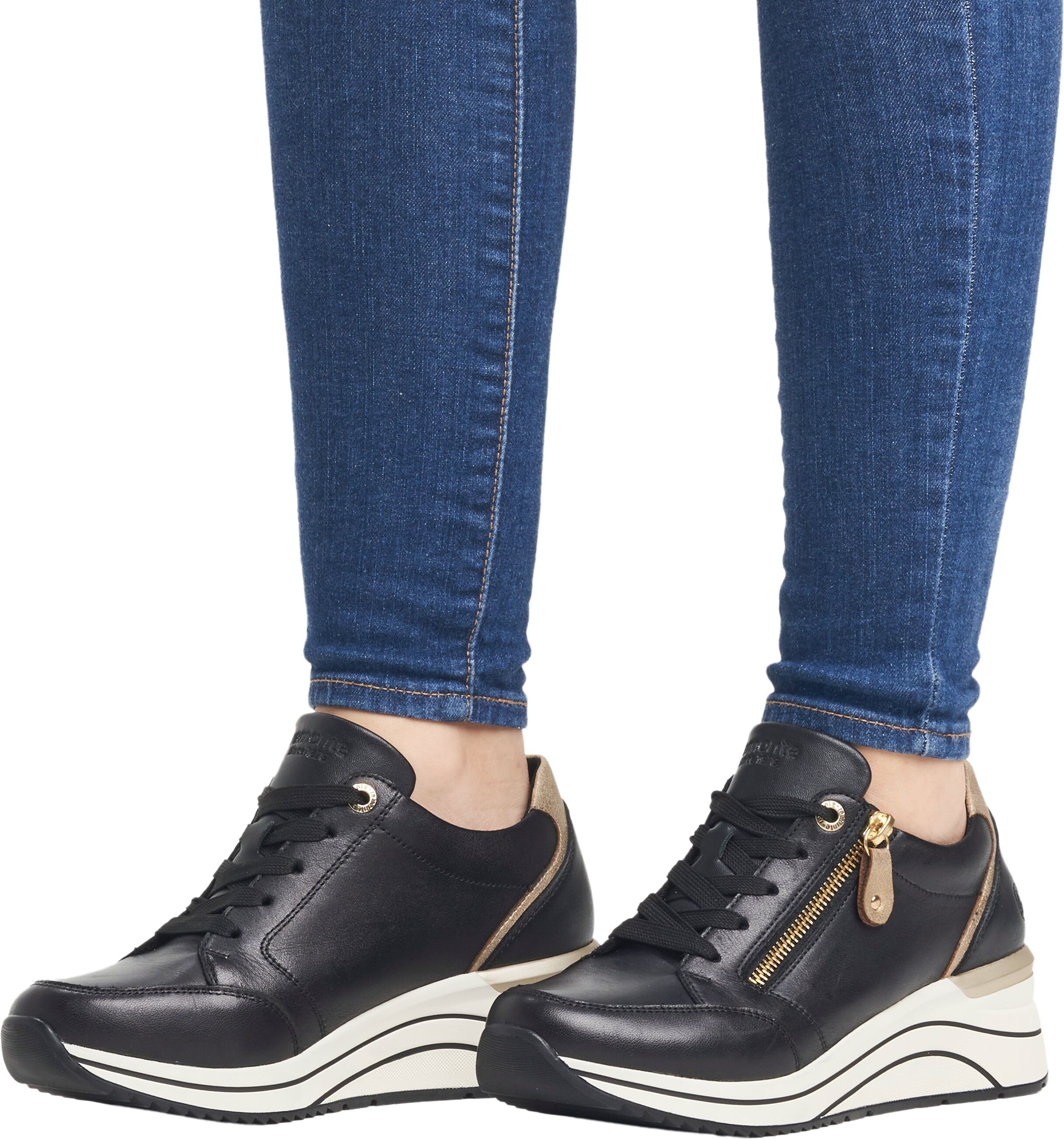 Keilsneaker REMONTE, Damen, Gr. 37, Textil, schwarz (schwarz, gold sohle weiß), Leder, Lederimitat, Schuhe Keilsneaker, Freizeitschuh, Halbschuh, Schnürschuh mit Rieker TEX-Membran schwarz, gold sohle weiß 37, Textil
