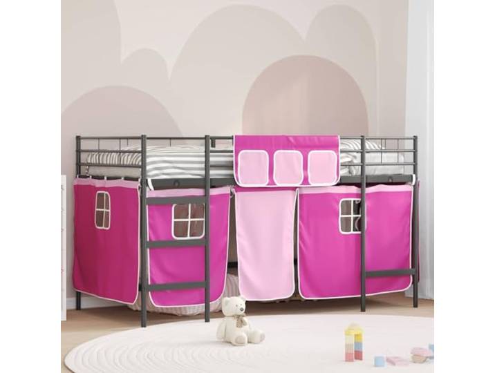 Pulverbeschichteter Metallrahmen Kinder Hochbett mit Vorhängen Schwarz 79 5 Kinder Loft Bettgestell mit Vorhängen Schwarz und Pink Hochbett Metall Rahmen mit Vorhang für Mädchen Junge Spielen Lesen