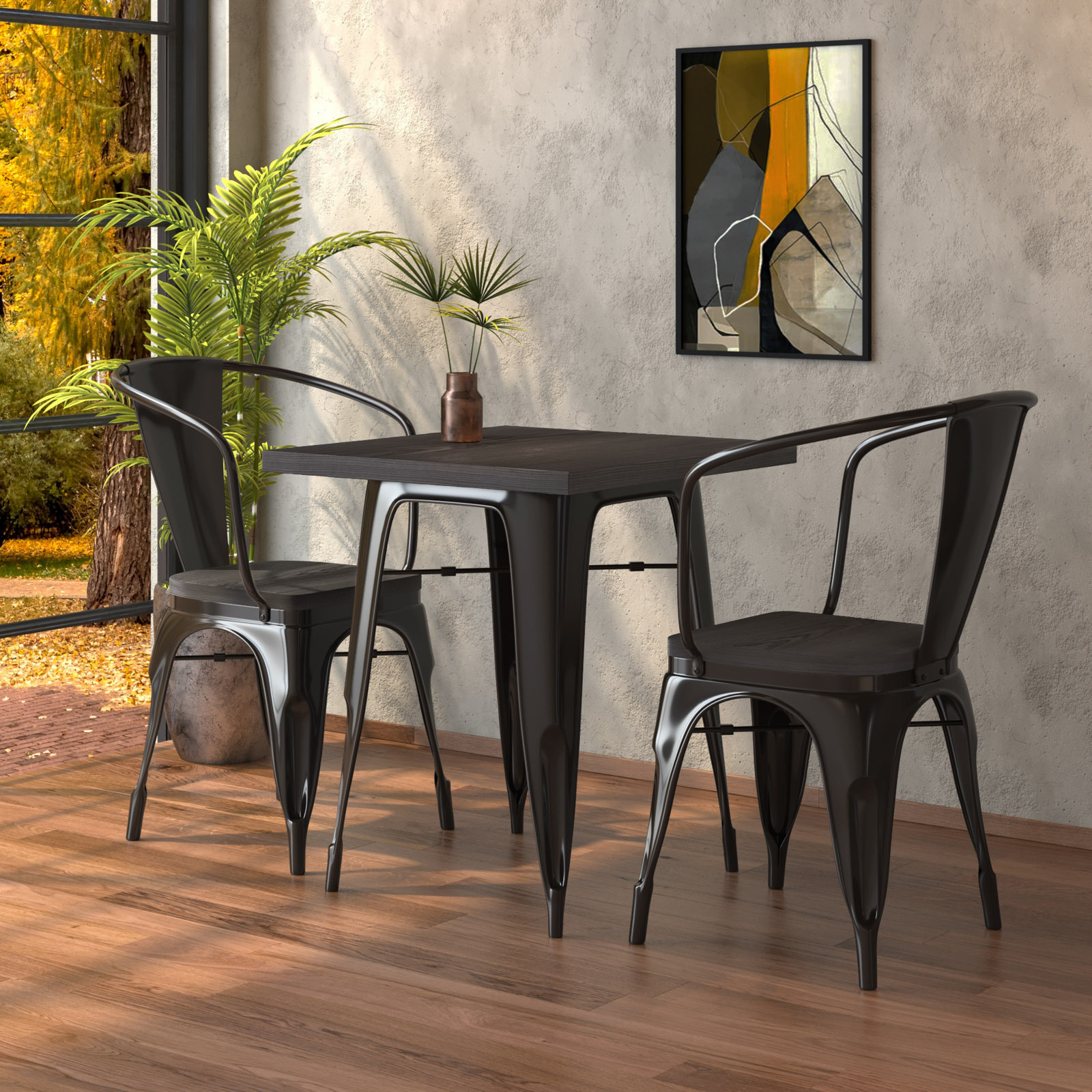CALIFORNIA | Tolix Tisch- & Stuhl-Set | 2x Arm-Stuhl | 60x60cm | Wenge & Schwarz | Tolix Stuhl, Industrie Stuhl, Industrie Tisch