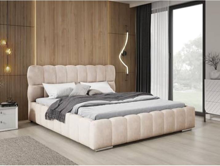 Emporius Avilla Doppelbett 180x200 - Bett Elegantes Design, Polsterbett mit Bettkasten, Lattenrost & Kopfteil - Velour Beige (Komodo 11)