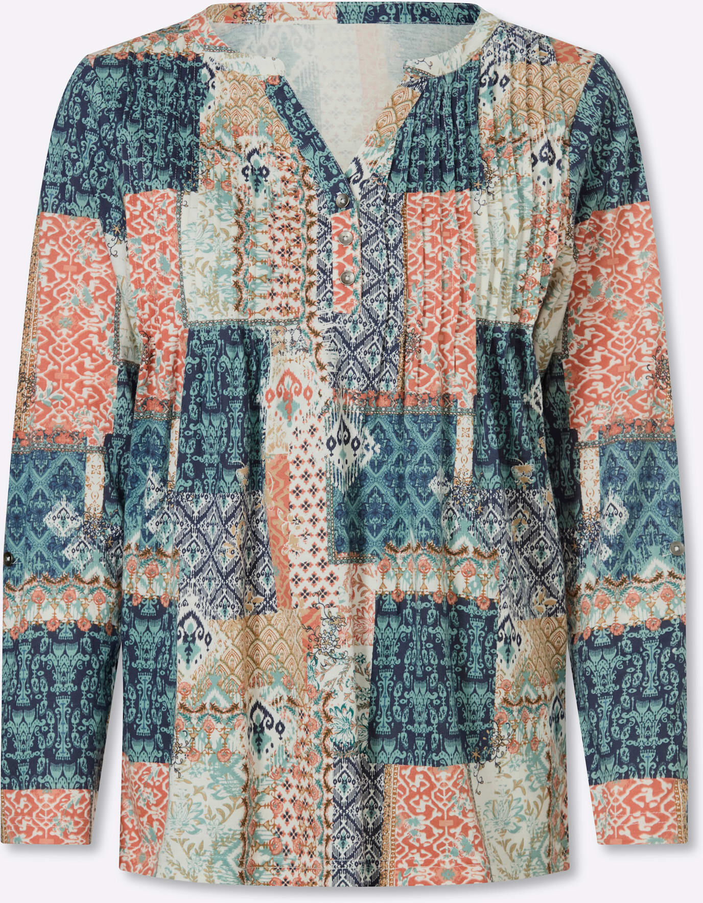 Tunikashirt INSPIRATIONEN "Tunikashirt", Damen, Gr. 38, bunt (jade, terra, bedruckt), 50% Baumwolle, 50% Modal, gemustert, mehrfarbig, Rundhals, Shirts Tunikashirt