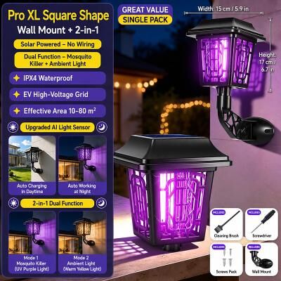 LightInthebox Solar Bug Zapper Outdoor, Solar Mosquito Zapper, Rechargeable Battery, Waterproof Electric Fly Zapper for Patio, Backyard, Garden, Camping