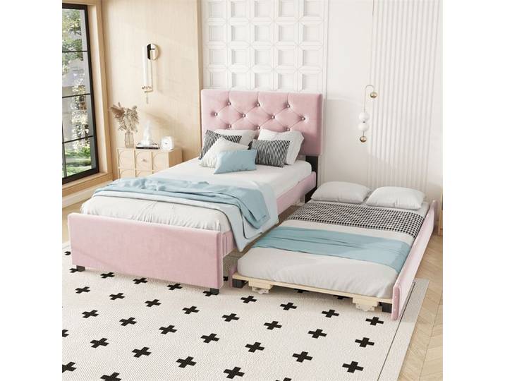 Lit Simple - YEHTOKHOME - Lit 90x200 (avec gigogne 90x190) - Velours rose - Sommier à lattes - Pieds pliants