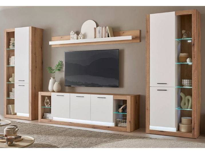 Furn.Design Wohnwand Rivian, (in matt weiß mit Evoke Eiche, 4-teilig, 400 x 195 cm), mit viel Stauraum, Breite Lowboard 198 cm