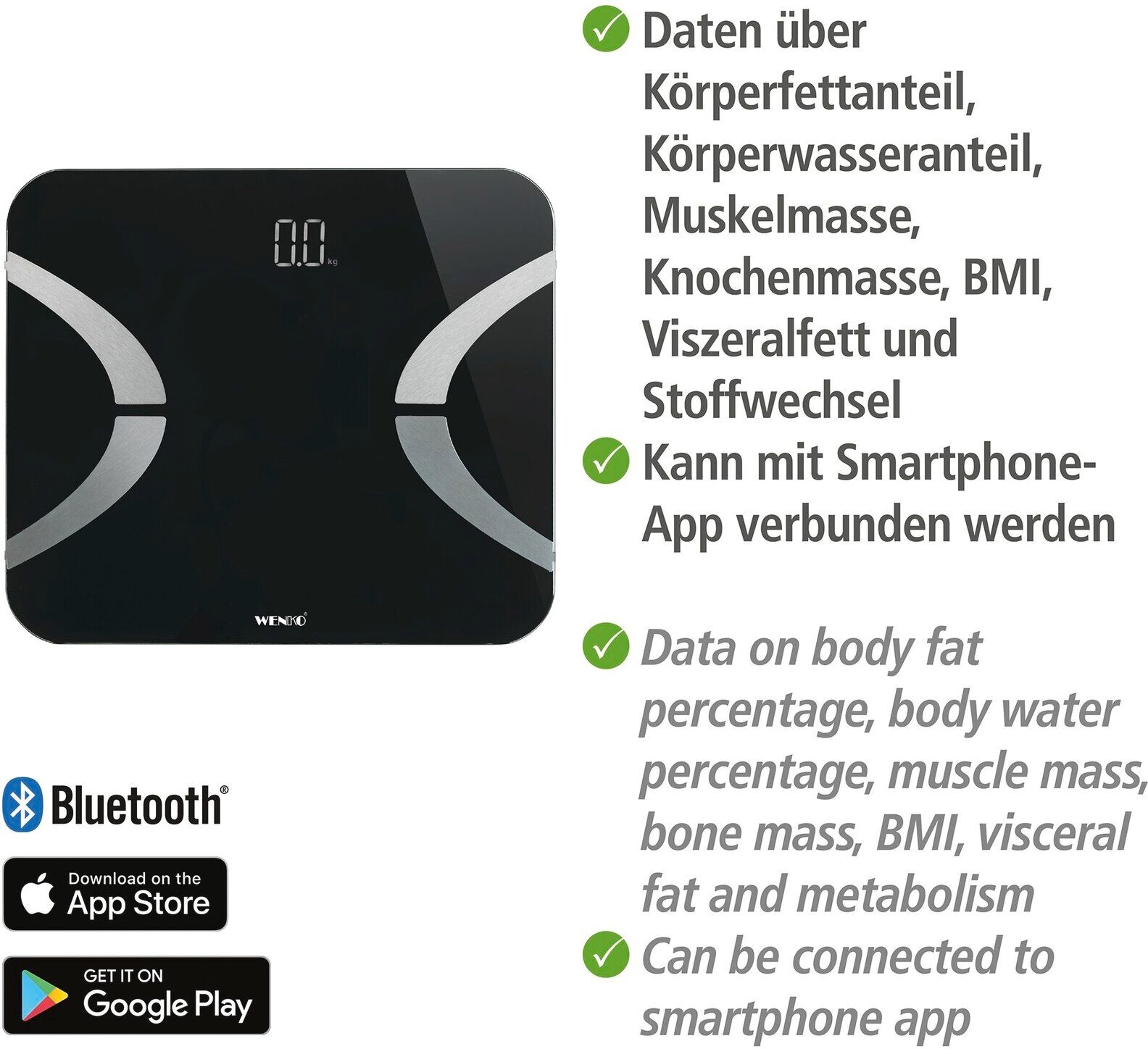 Körper-Analyse-Waage WENKO, schwarz, B:31,2cm H:2,1cm T:26cm, Glas, Kunststoff, Personenwaagen, Bluetooth Körperfettwaage