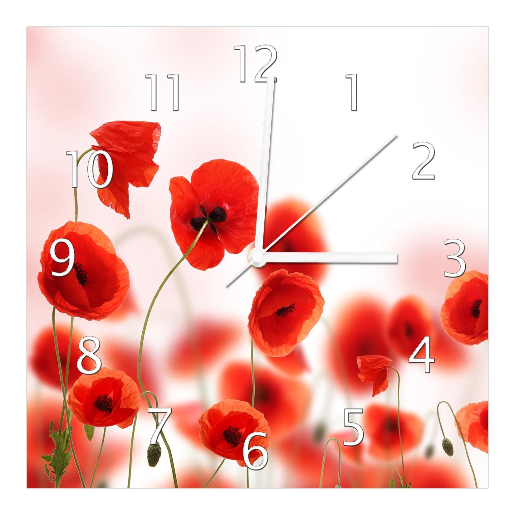 Wallario Uhr 30 x 30 cm, schwarze Zeiger Leuchtende Mohnblumen - Rote Mohnblumenblüten