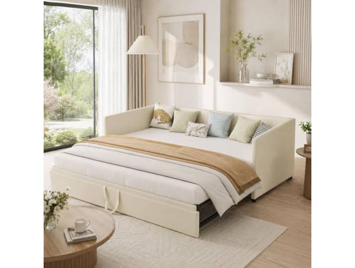 DAHUEN Schlafsofa 90/180x200cm, 3-in-1 ausziehbett mit lattenrost, ausziehbares tagesbett für Wohnzimmer und Schlafzimmer, ohne matratze, Flanell, Beige