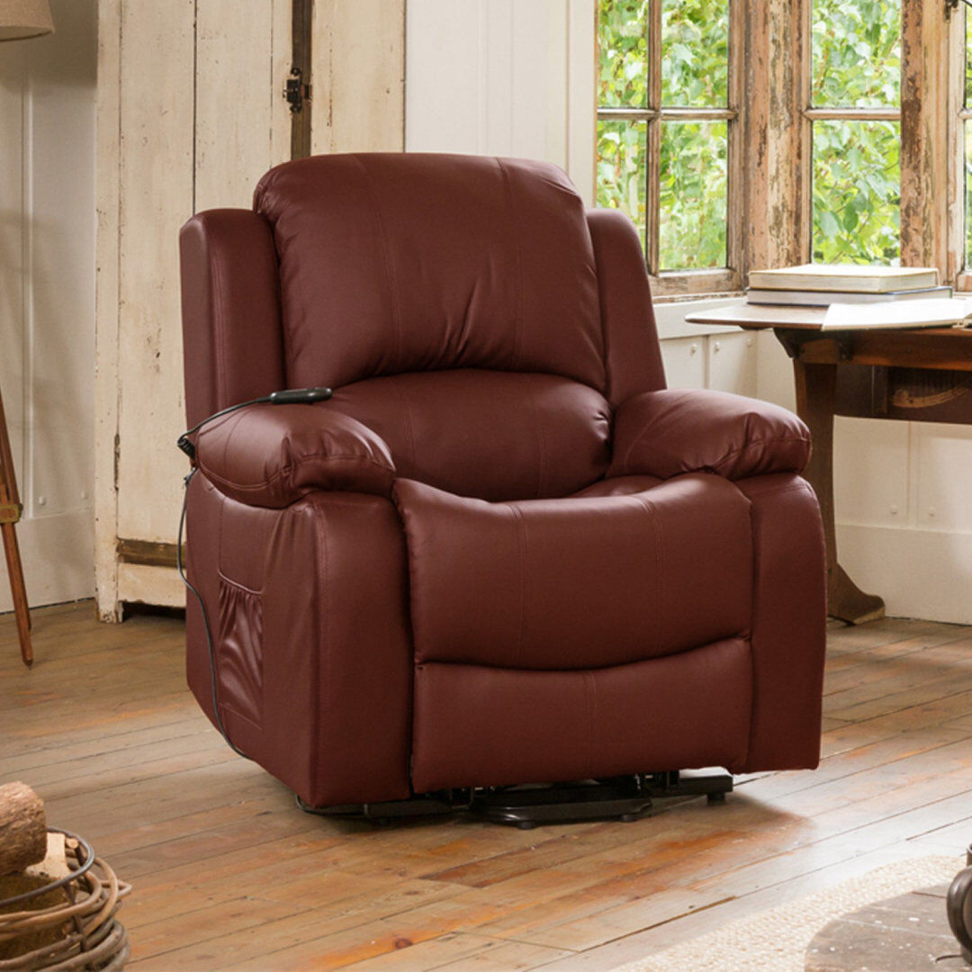 Lark Manor Seine-Maritime 92 cm Wide Faux Leather Lift Assist Recliner with Massager and Heated Cushion Burgundy 103cm H X 92cm W X 99cm D