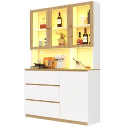 Merax LED Küchenhochschrank 120 x 40 x 200 cm, Vitrinenschrank mit Arbeitsplatte, Stauraumschrank mit Schubladen & Glasfront, Weiß/Eiche
