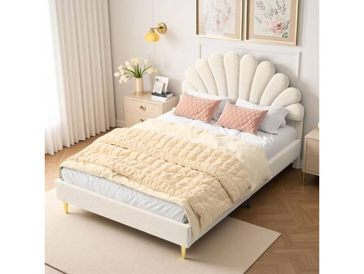 Lit double 140x190 cm - TANANT - Lit princesse - Tête de lit rembourrée - Velours beige - Design moderne