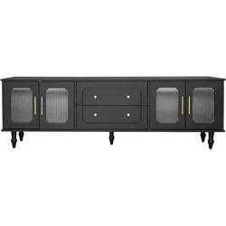 Lowboard 175x38x55 Schwarz mit geriffelten Glastüren, goldenen Griffen und Stauraum für Fernseher und Mediengeräte