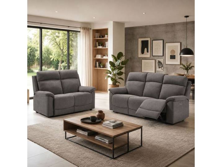 Ensemble Canapés 3P relax élec + 2P fixe tissu Waterproof gris - BRIANA