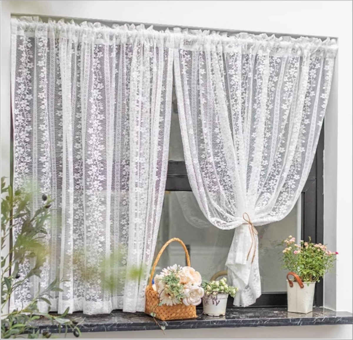 Wit Vitrage Gordijn in Landhuisstijl met Kant - 250 x 160 cm