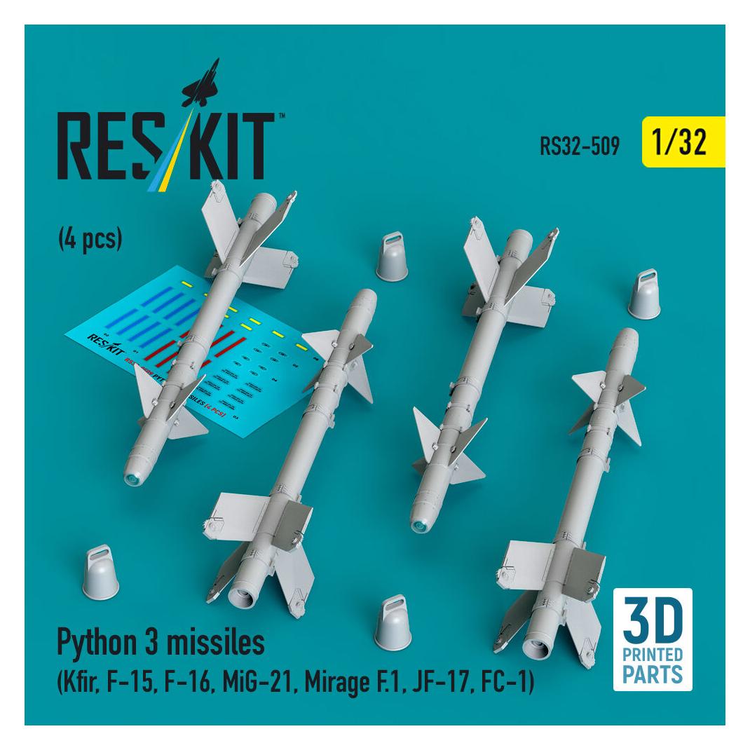 ResKit Python 3 missiles (4 pcs) (Kfir, F-15, F-16, MiG-21, Mirage F.1, JF-17, FC-1) (3D Printed) (RS32-0509)