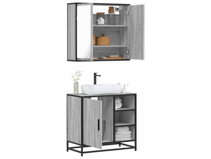 ZQQLVOO 2-TLG. Badmöbel-Set Grau Sonoma Holzwerkstoff Waschbeckenunterschrank mit Öffnung, Wandspiegelschrank, Metallgestell, Lowboard, Stauraum, Wandmontage