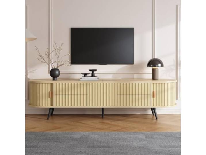 Fiednoy TV-Schrank 180cm Für 80 Zoll – Lowboard Mit 4 Schubladen Rolltür, Ovaler Form, 45kg Tragfähigkeit, Wohnzimmer Fernsehschrank