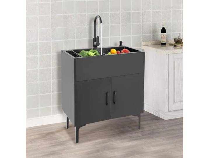 GIDRLL Freistehende Küchenspüle mit Unterschrank und Armatur, Edelstahl Spültisch mit 1 Becken, Abtropffläche und Abflusseinheit, für Küche, Garten, Outdoor, Werkstatt, Waschküche, Camping (Schwarz)