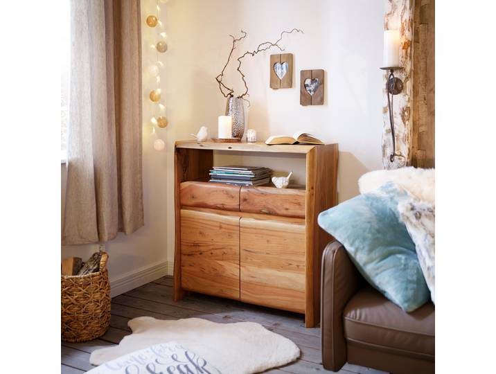Kommode SIT Blois aus massiver Akazie mit natürlicher Baumkante – Unikat , beige (natur), B:90cm H:90cm T:40cm, Massivholz, Sideboards, Kommode, 2 Türen, 2 Schubladen & 1 offenes Fach für vielseitigen Stauraum