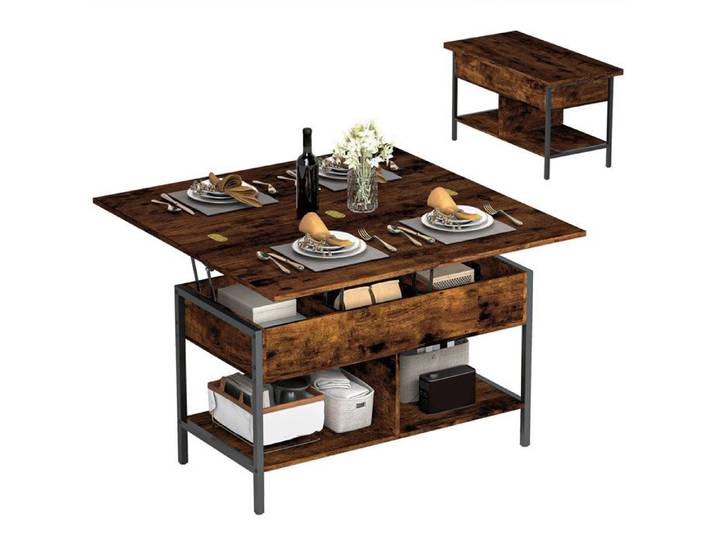 Table basse relevable - HOMCOM - plateau pliant compartiment et étagères - panneau de particule - 98x49x55cm - brun rustique