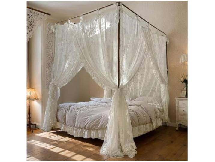 JuanNest Moskitonetz Für Bett Ohne Rahmen, Romantischer Betthimmel Mit DREI Eingängen, Vierpunkt-Aufhängung, Leichter Vorhang Für Himmelbetten Mit Bindebänder, Schlafzimmer Dekor 180 * 220cm
