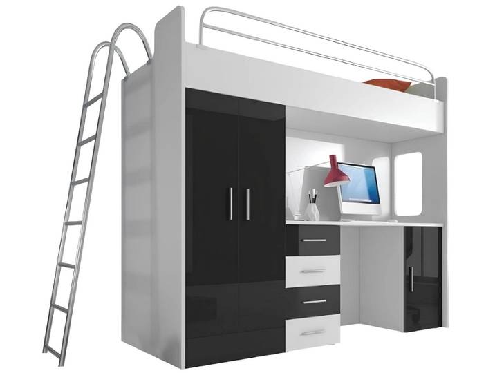 Xlmoebel Etagenbett Schwarz Hochglanz Etagenbett mit integriertem Schreibtisch und Schrank (Etagenbett, 1-St., Etagenbet), Hergestellt in Europa