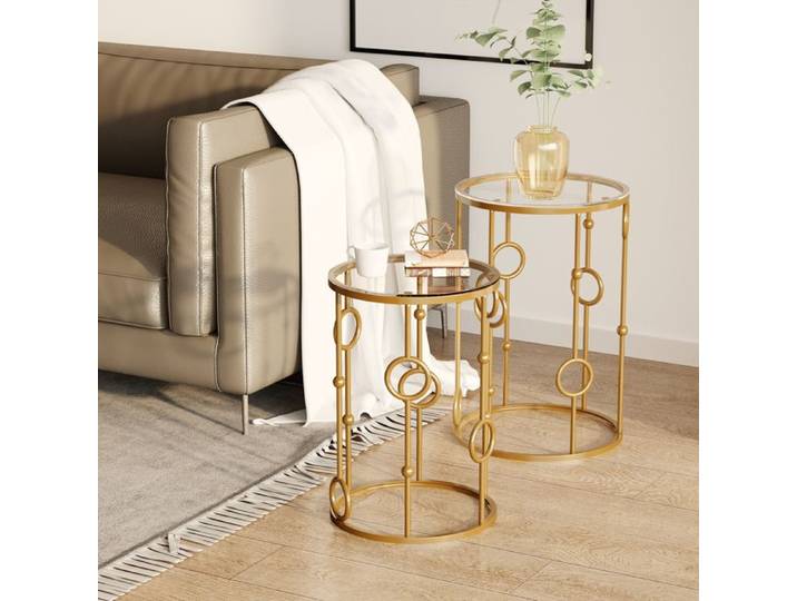 Cocosity Tables Gigognes Lot De 2 Tables Basses Rondes Design Style Art Déco Ø 41 Et Ø 36 Cm Métal Doré Verre Trempé 5 Mm
