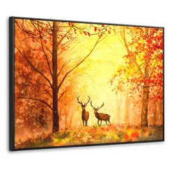 LEINWAND Bilder mit Rahmen - Natur - Ölfarbe - Hirsche - Tiere - Herbst - Orange - 70x50