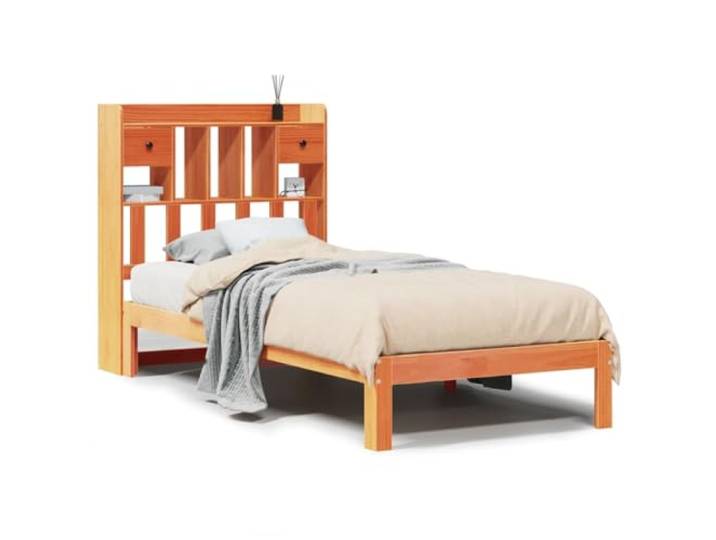 PUGYNBK Bett mit Regal ohne Matratze, Massivholz, 75 x 190 cm Massives Kiefernholz, Lattenrost inklusive, Aufbewahrung im Kopfteil, platzsparend