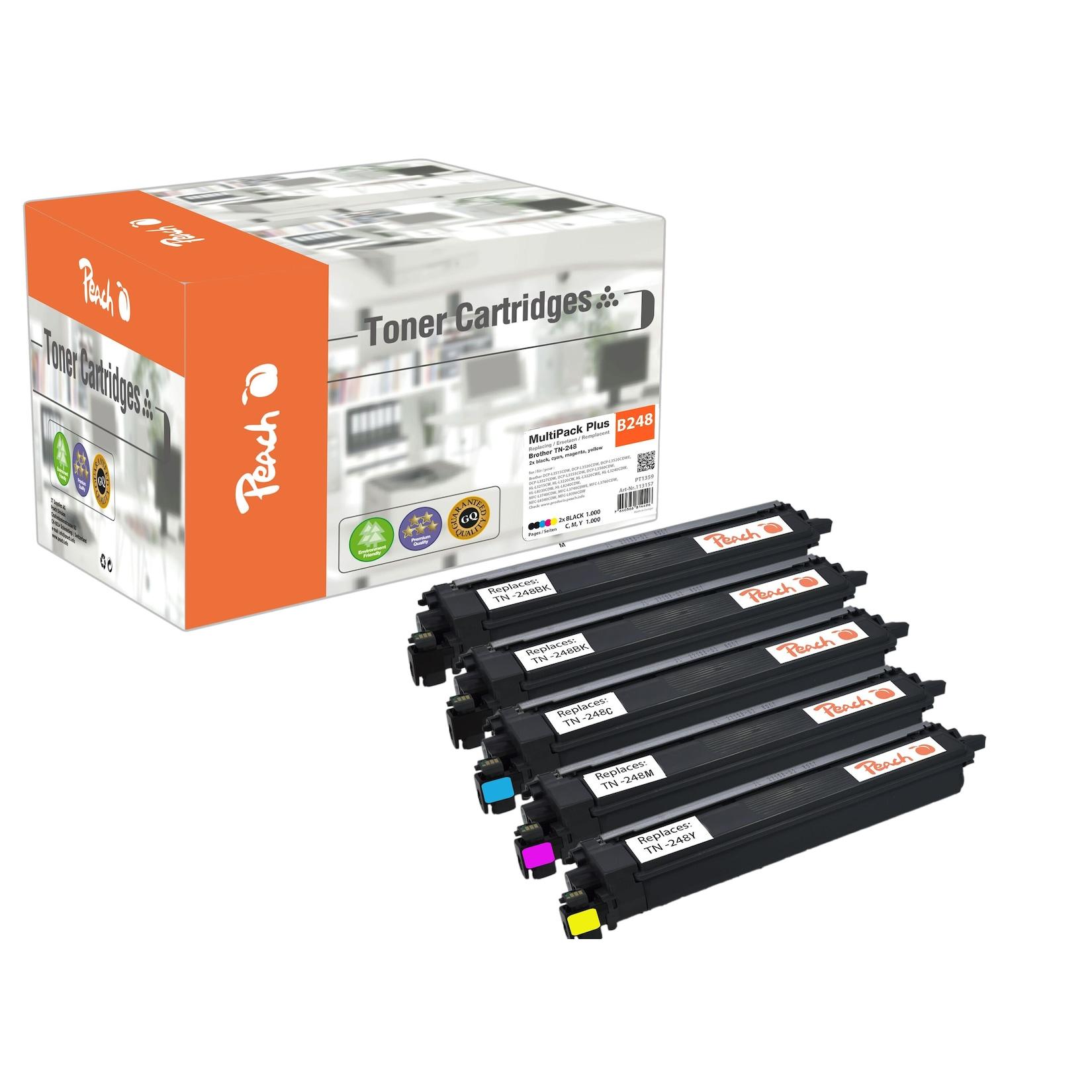 Peach B248 5 Toner (2*bk, c/m/y) ersetzt Brother TN-248 für z.B. Brother DCPL 3560 CDW, Brother MFCL 8390 CDW, Brother HLL 3280 CDW (wiederaufbereitet)