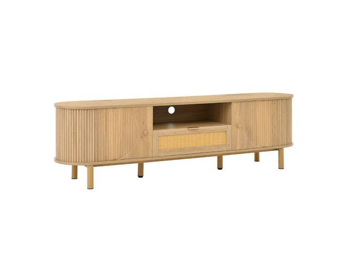Meuble TV effet bois claire oval tiroir en rotin 2 portes coulissantes