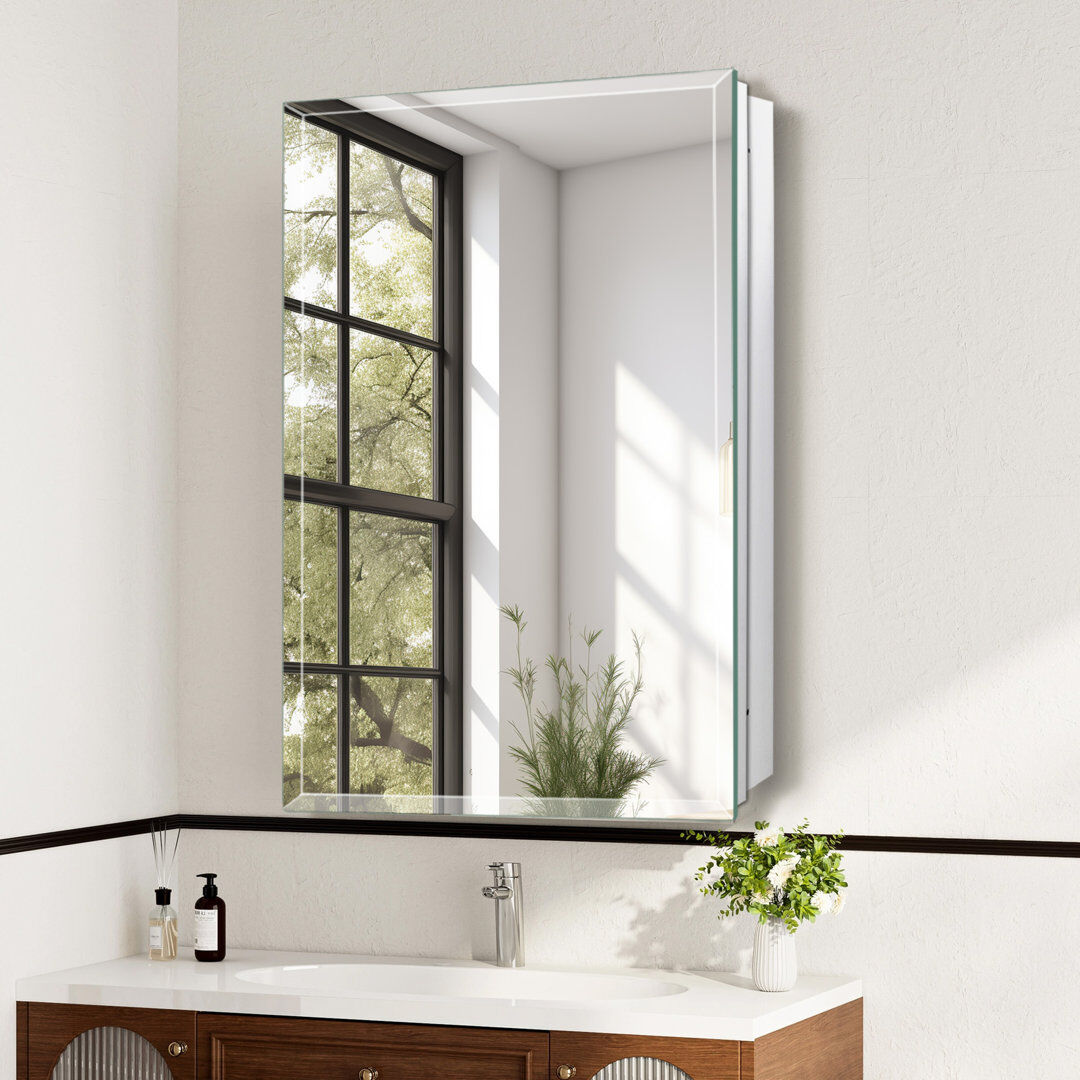 Blue Elephant Rectangular Beveled Frameless Mirror Cabinet, Wall Mounted Cabinet For Bathroom Toilet Kitchen,Recess Or Surface Mount Installation Stainless Steel 762mmH × 559mmW