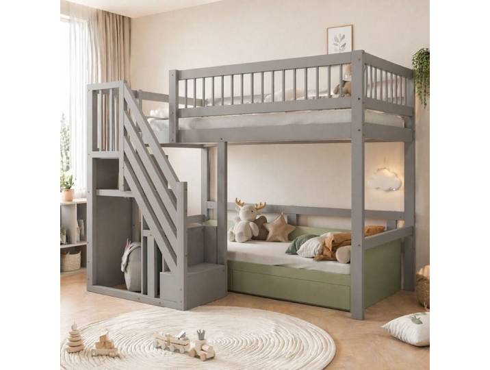 Lit mezzanine - ZEVKOR - Lit Mezzanine Enfant 90×200 cm - Escalier de rangement - Garde-corps - Bois pin gris