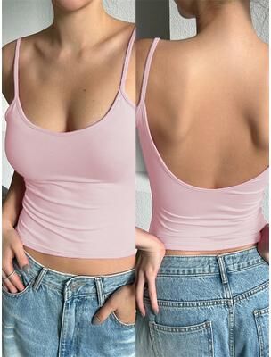 Discount Dollar Deals Women Backless Cami Crop Top, Summer Solid Color Sleeveless Top, Casual Streetwear Fashion light Pink m