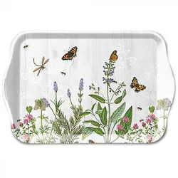Ambiente Tablett Melamin 21x13cm mit Wildblumen Motiv - kleines Serviertablett Frühstückstablett Tischdeko Frühling Sommer Garten Dekotablett Blumen Weiß Grün