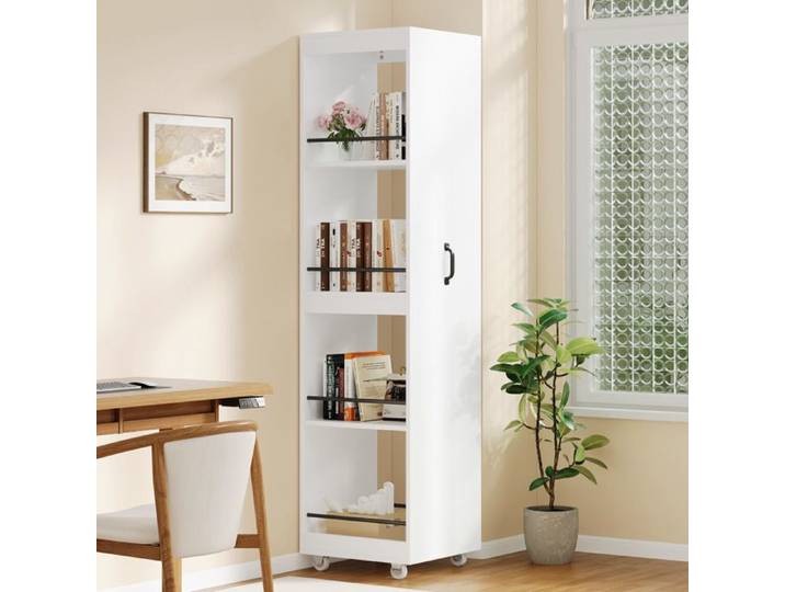 Modenuit Bibliothèque étroite 40 x 30 x 160 5 cm en MDF blanc roulettes et rangement fermé