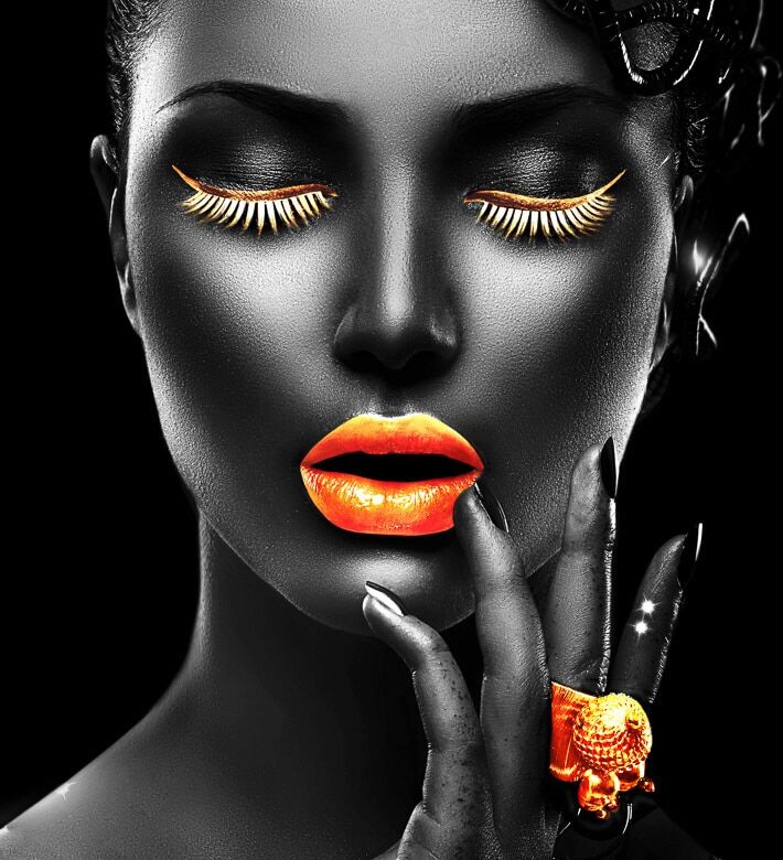 Fototapete PAPERMOON "GOLDENE LIPPEN-SCHMUCK ART DESIGN ABSTRAKT MUSTER KUNST", bunt, B:4,5m L:2,8m, Vlies, Tapeten, Fototapete bunt B/L: 4,5m x 2,8m, Bahnen: 9 Stk.